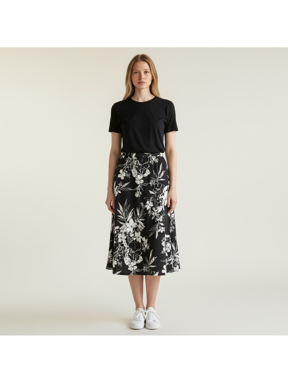 Amanda Smith Skirt Women M Medium Black Floral A-Line Midi Mid Rise Pull On